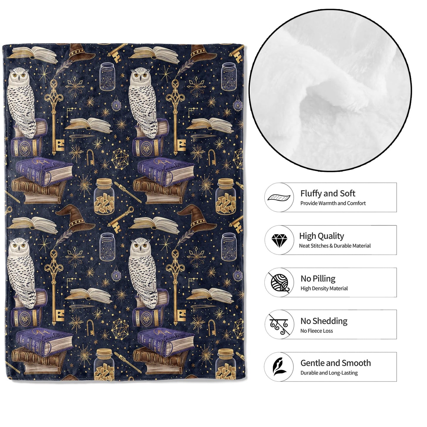 MIEPOS Gothic Magic Owl and Spell Book Throw Blanket, 50x60in, Soft, Lightweight Flannel,Mystical Wizard Library Witch Hat Blankets, for Home Living Room Decor