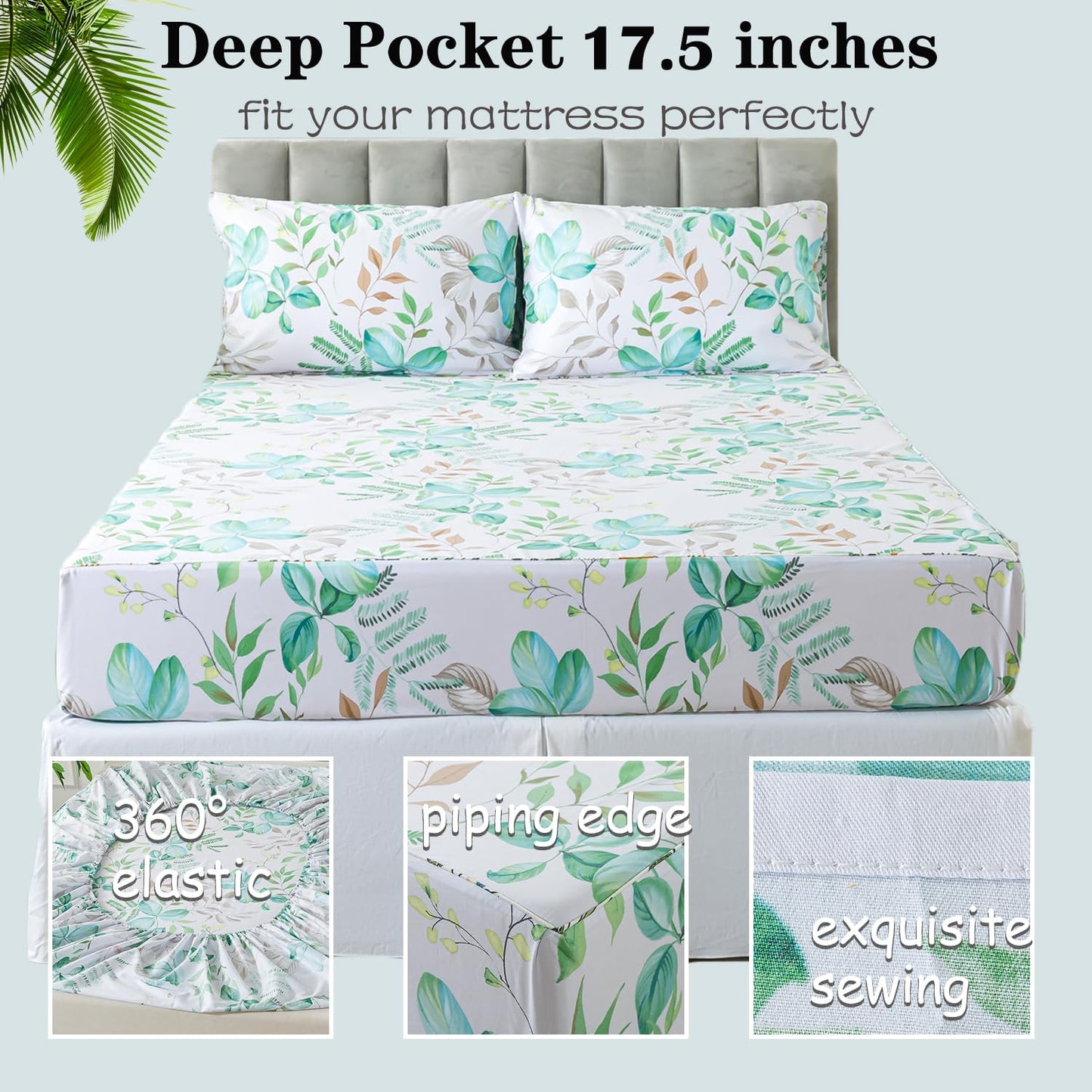 FADFAY Twin Sheet Set 100% Cotton Teal Green Leaf Print, Modern Botanical Bed Sheets, Soft Crisp & Breathable Deep Pocket Fitted Sheet, Luxury 4-Piece Bedding Set