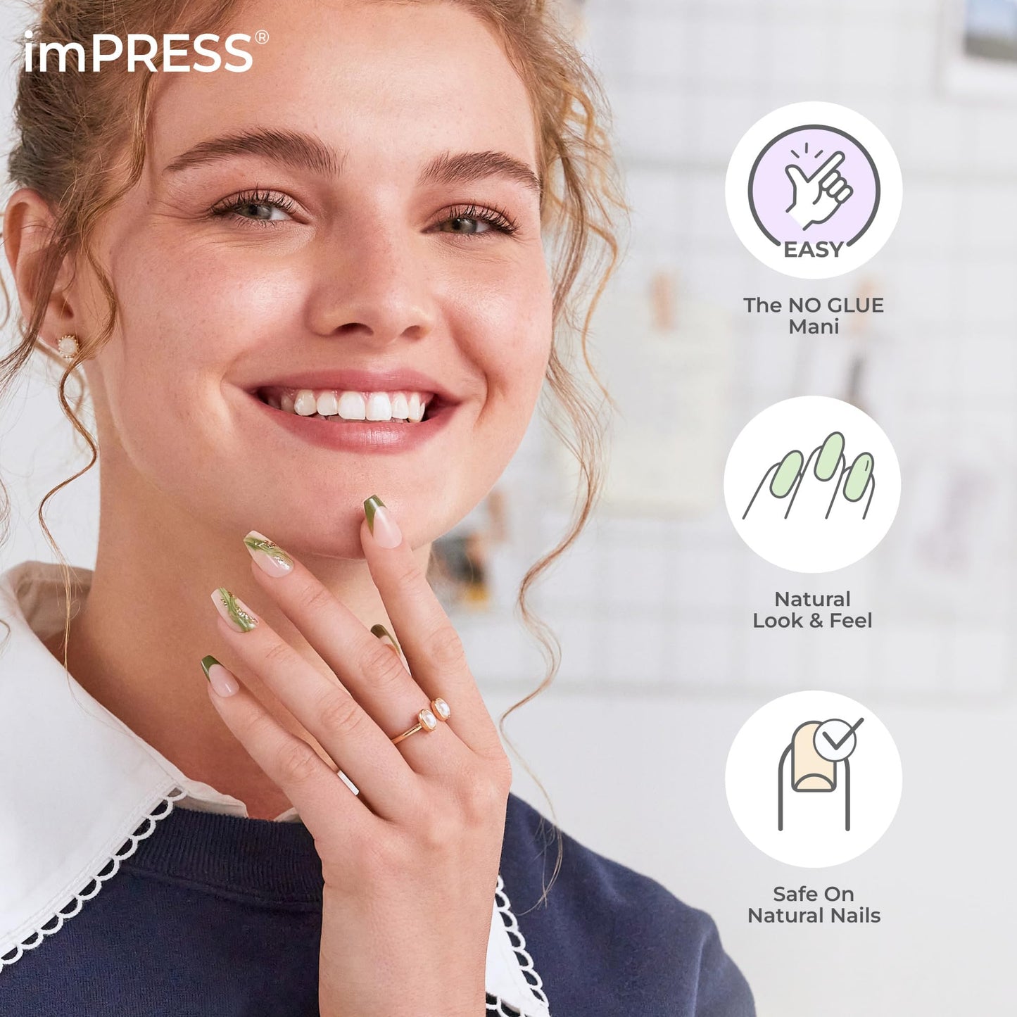 Kiss Impress Press-On Manicure, Nail Kit, PureFit Technology, Short Press-On Nails, 'Miracle', Includes Prep Pad, Mini Nail File, Cuticle Stick, and 30 Fake Nails