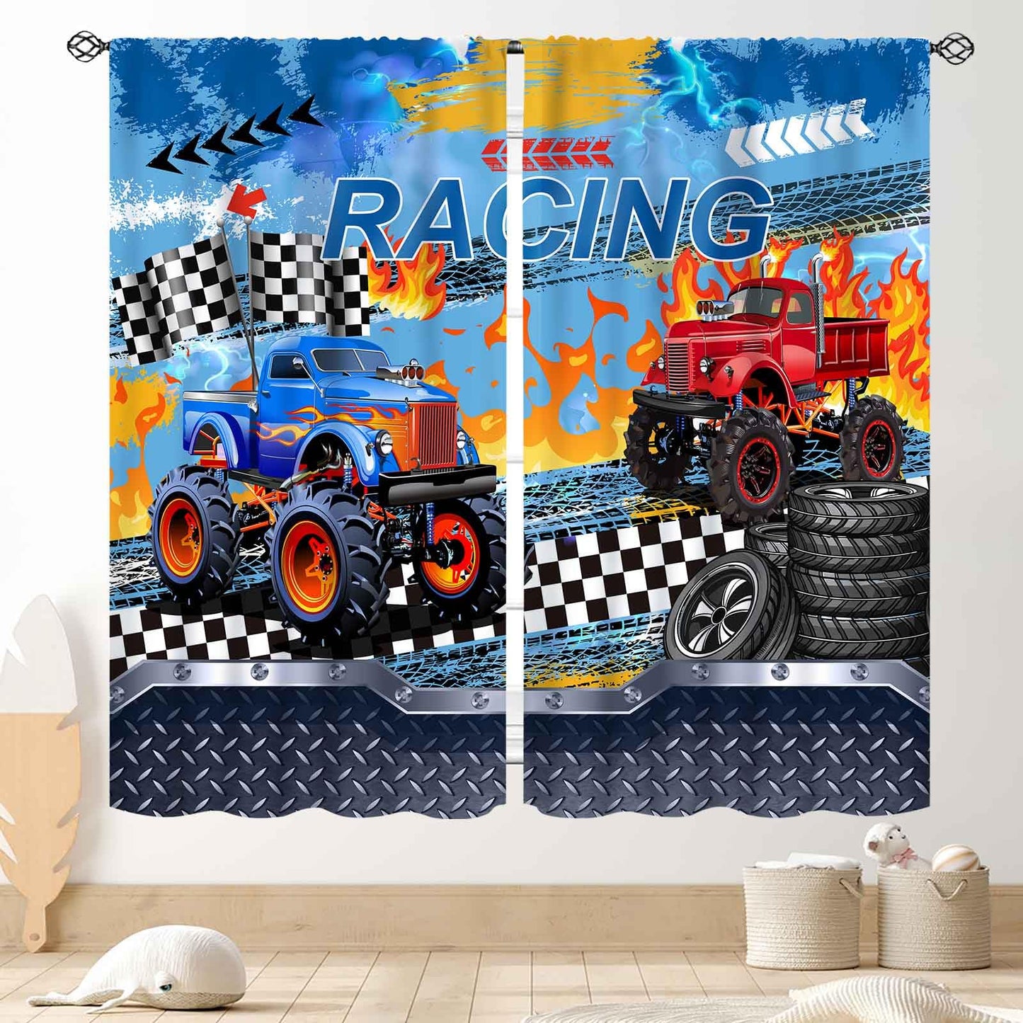 Truck Curtains for Boys Room, Cool Banner Burning Flame Car Cartoon Monster Racing Theme Window Drapery Treatments for Boys Kids Bedroom Living Room Playroom Nursery 2 Panels, 42"x45" Inch