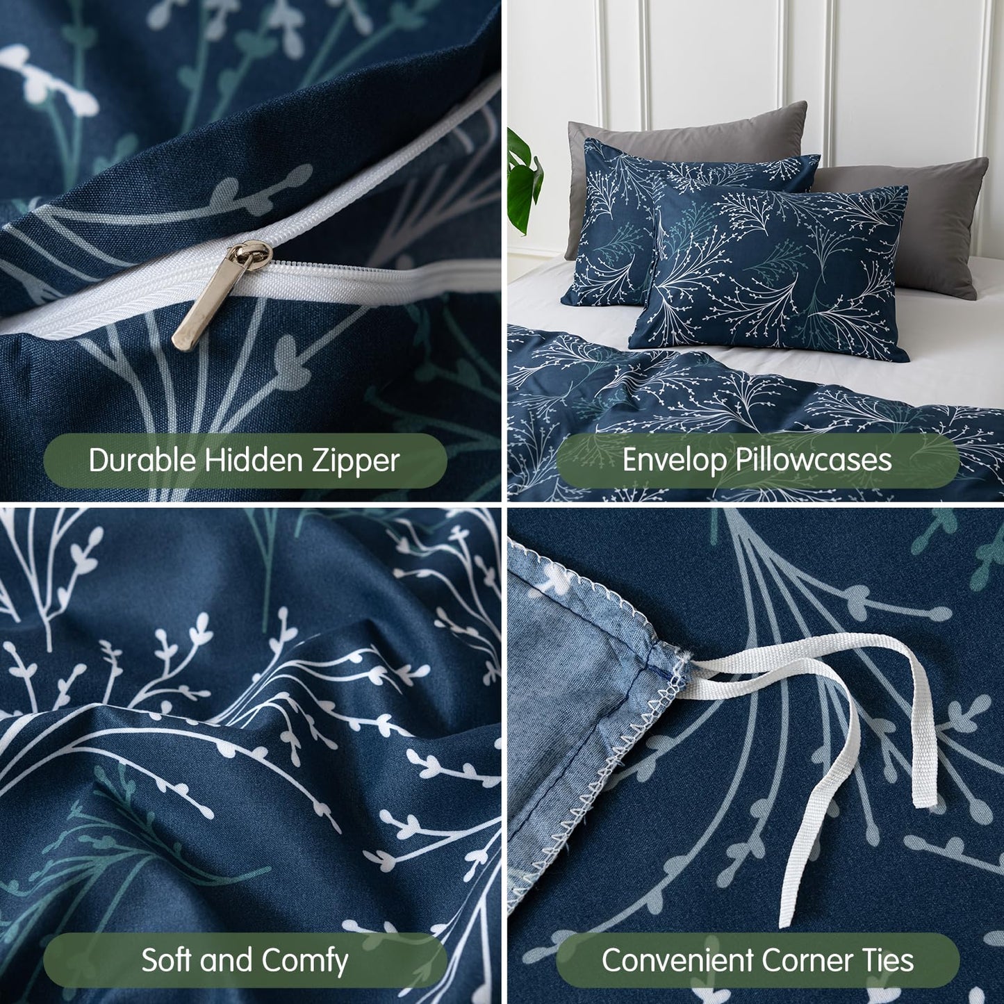 Lekesky Reversible Duvet Cover Queen Size, Navy Blue Branch Comforter Cover Queen 3pcs Microfiber Botanical Bedding Set with Zipper Closure Corner Ties