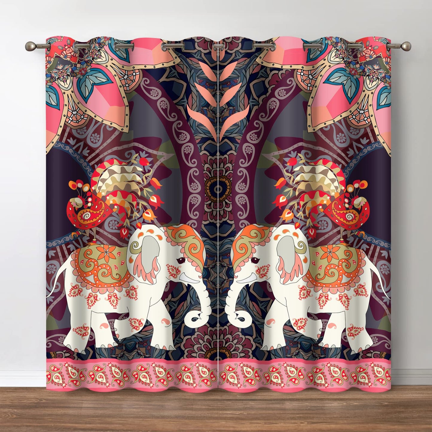 Jekeno Boho Elephant Blackout Curtains Bohemian Animal Peacock Mandala Flower Pattern Print Decor Bedroom Living Room Darkening Grommet Window Drapes 2 Panels Set, 52" x 84"