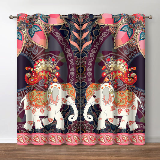 Jekeno Boho Elephant Blackout Curtains Bohemian Animal Peacock Mandala Flower Pattern Print Decor Bedroom Living Room Darkening Grommet Window Drapes 2 Panels Set, 52" x 84"