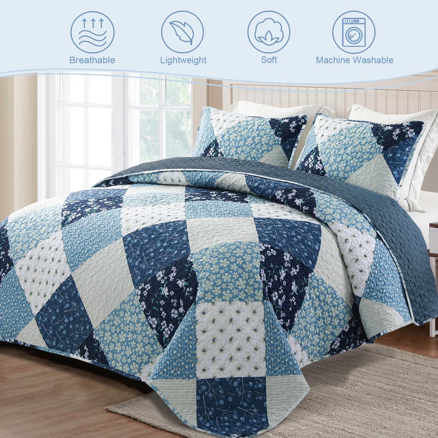 Exclusivo Mezcla Reversible Boho Quilts Queen Size, Blue Soft Bedspreads Lightweight Coverlet All Season Patchwork Quilt Bedding Set with Printed Floral Pattern (1 Quilt, 2 Pillow Shams)