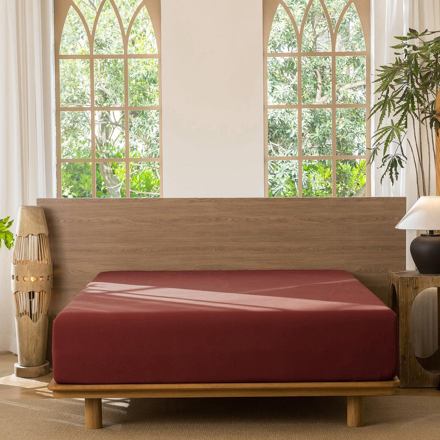 MooMee Fitted Bottom Sheet Only 100% Washed Cotton Linen Like Textured Breathable Durable Soft Comfy Deep Pocket Fits Mattress up to 17" (Solid Fired Brick Red, Queen)