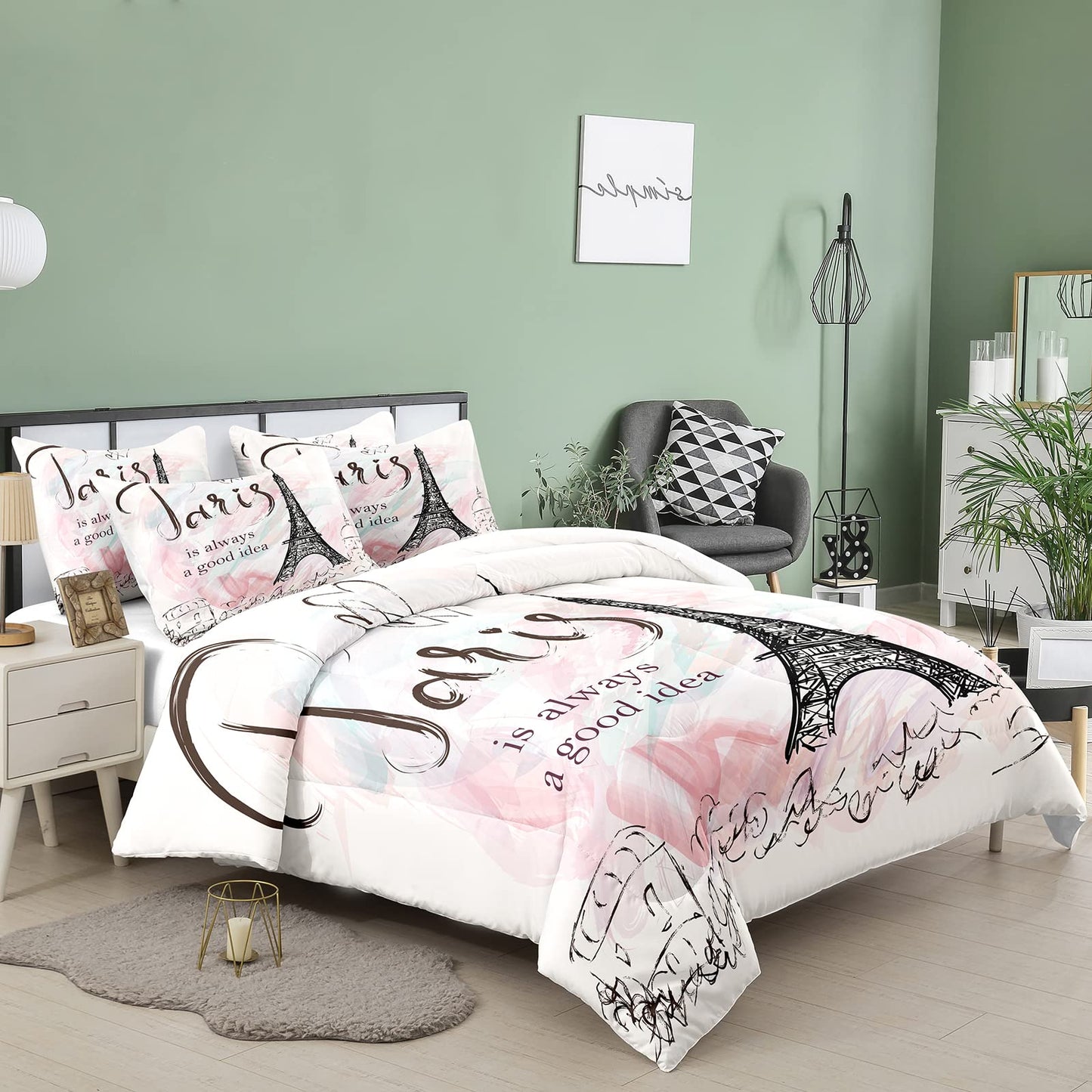 Bodhi Full Size Paris Comforter Set,Girls Pink bedding set,Cartoon eiffel tower Comforter Set,Girls Comforter with Matching Pillowcase,Pink Girls Bed Set Full Size