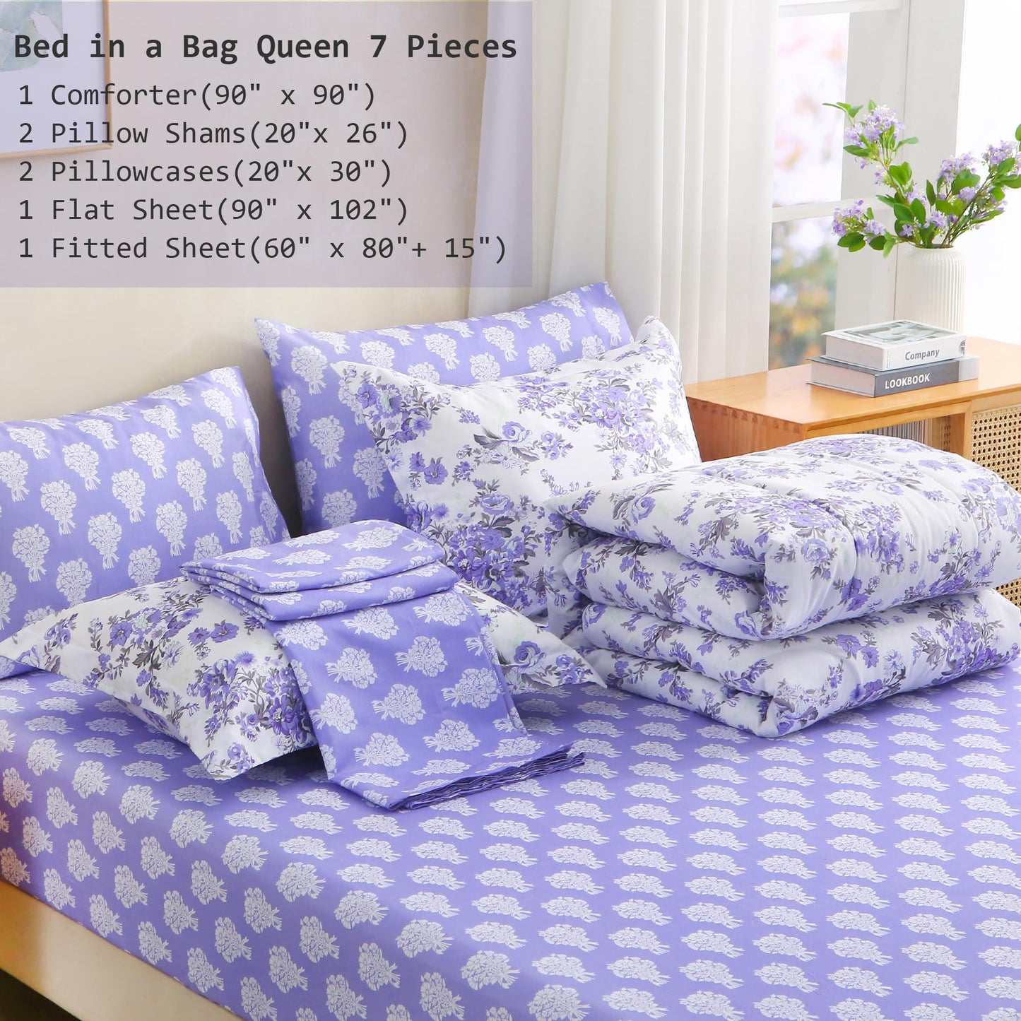 lasoftan Floral Queen Comforter Set with Sheets, 7 piece Luxury Vintage Bedding, Soft Microfiber Bed in a Bag, Cozy Lightweight Bed Set, Lavender Flower Grey Leaf