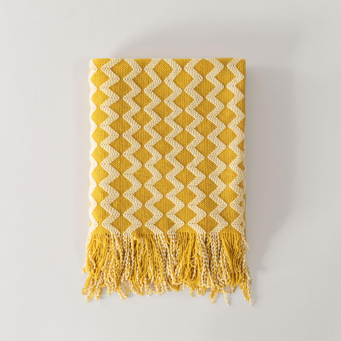 Counfeisly Double Diamond Acrylic Knitted Throw Blanket, Lightweight and Soft Cozy Decorative Woven Blanket with Tassels for Couch, Bed, Sofa, Travel, 50 x 60 Inches, Yellow