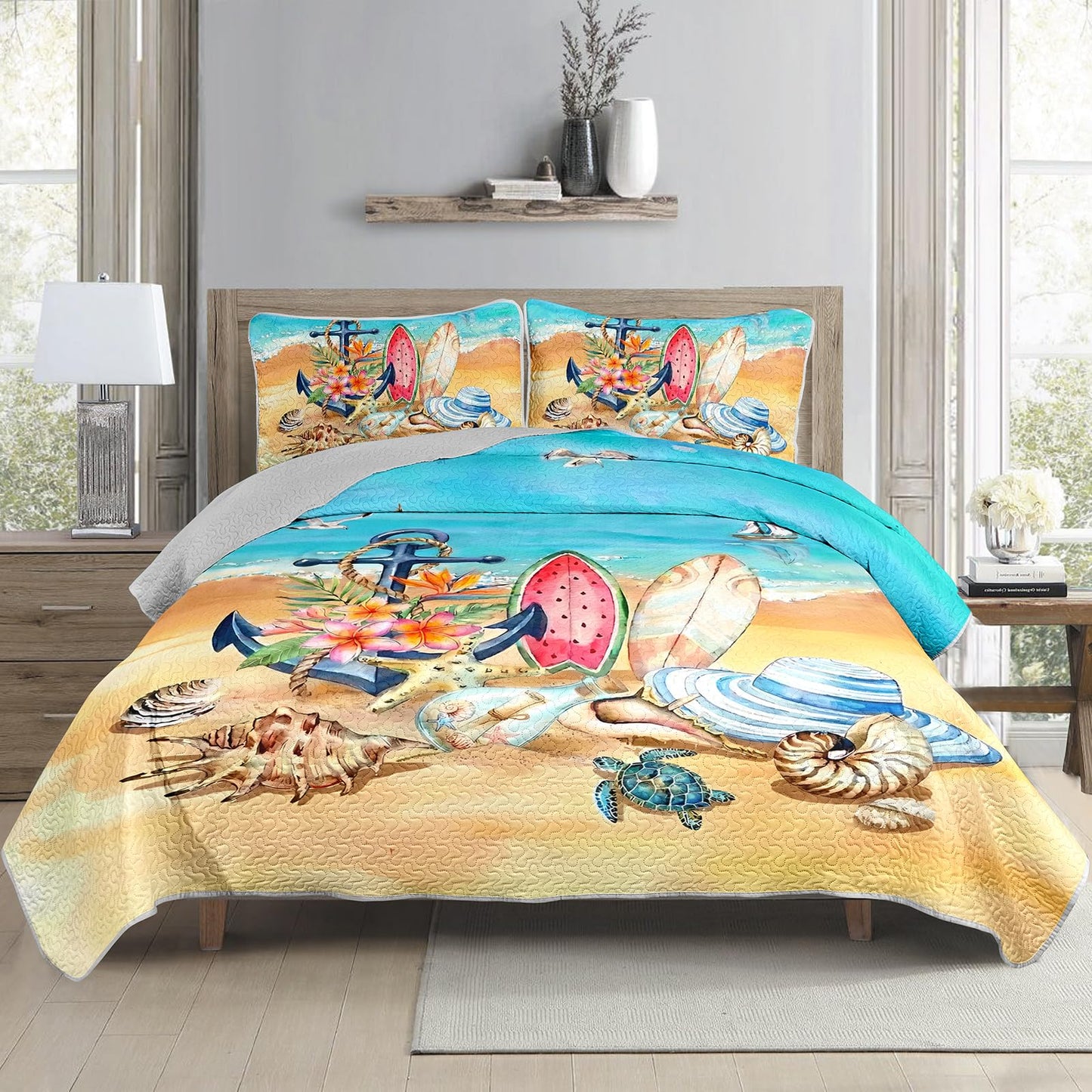 AILONEN Ocean Beach Bedding Quilt Set King Size,Tropical Boat Anchor Surfboard Theme Bedspread Coverlet,Blue Soft Lightweight (Quilt,2 Pillowcases)