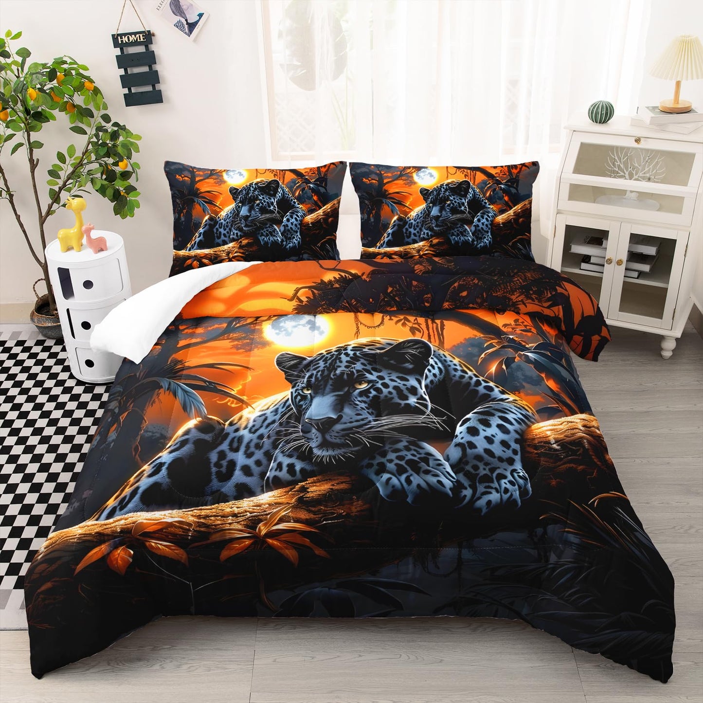 AILONEN Black Panthers Print Comforter Set Queen Size, Safari Leopard Theme Bedding Set for Room,Forest Animal Soft Mirofiber Comforter with 2 Pillowcases,3Pcs