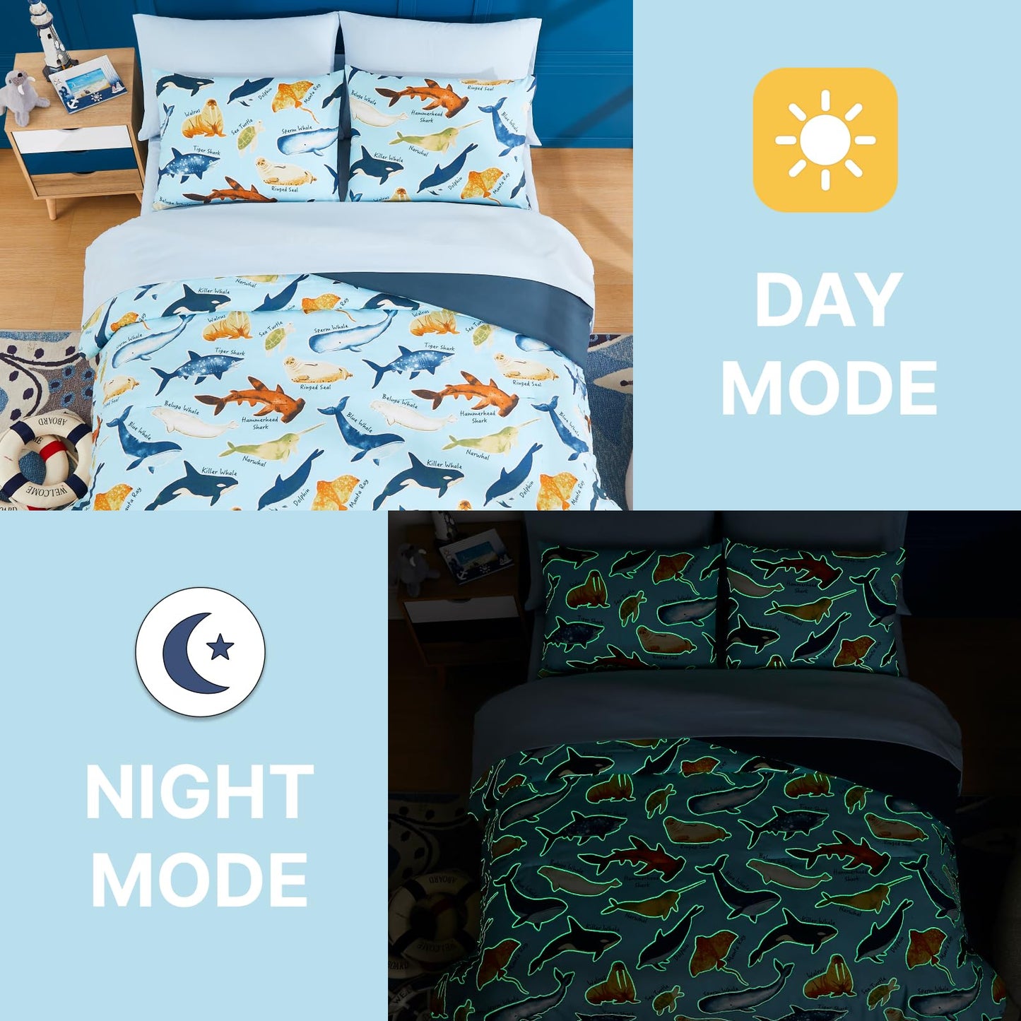 Wink Deer Full Size Comforter Set for Boys-7 Pieces Ocean Animals Glow in the Dark Full Bedding Sets for Kids, Ultra Soft Bed in A Bag with Sheets