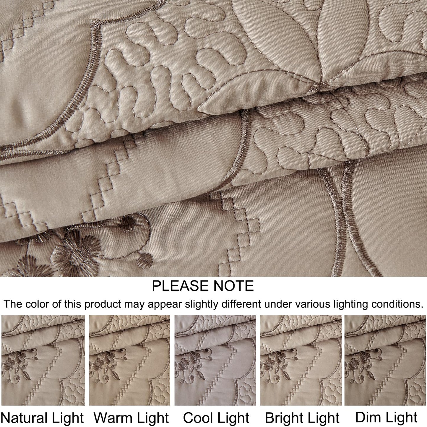 Cmfshape Floral Embroidery Quilt Set,3 Pieces Queen Quilt Bedding Set,Classic Diamond Pattern Quilts,Ultra Soft Lightweight Reversible Bedspread Coverlets for All Season(Taupe,90"x90")