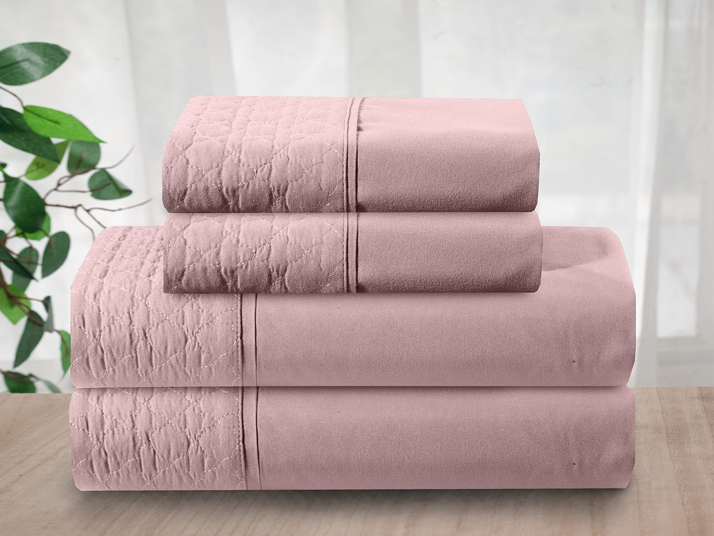 Elegant Comfort Luxury Soft Coziest 4-Piece Bed Sheet Set 1500 Thread Count Egyptian Quality Microfiber Wrinkle Resistant Beautiful Quilted Design on Flat Sheet and Pillowcases, King, Dusty Rose