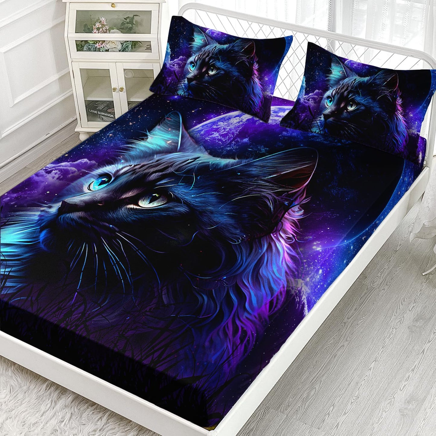 AILONEN Space Cat Bedding Set Twin XL Size,Blue Black Starry Planet Kitten Kids Sheet Set,3Pcs Animal Themed Soft Fitted Sheet with 2 Pillowcases