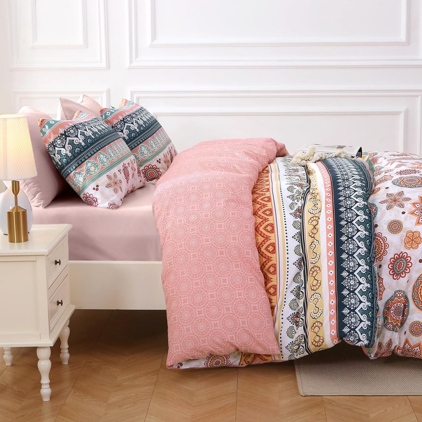 MUXHOMO Bed in a Bag Queen 7 Pieces, Queen Comforter Set Reversible Bohemian Botanical Flowers Design, Ultra Soft & Breathable Bedding Sets with Comforter, Sheets, Pillowcases & Shams