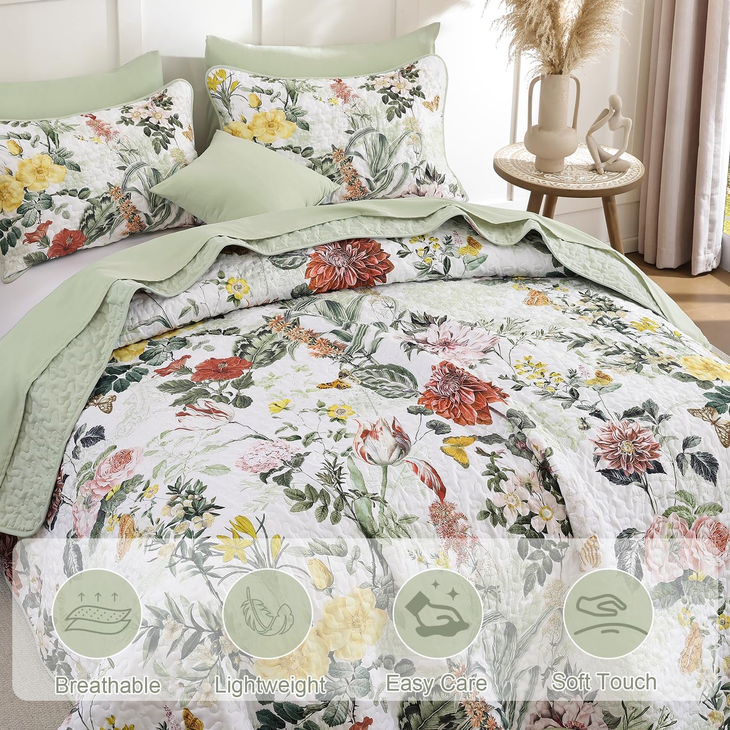 Anibedding Sage Green Queen Quilt Sets,3 Piece Floral Farmhouse Botanical Lightweight Microfiber Bedspread Coverlet with 2 Shams Spring Summer Bedding Quilts Set for All Season(90"x96")