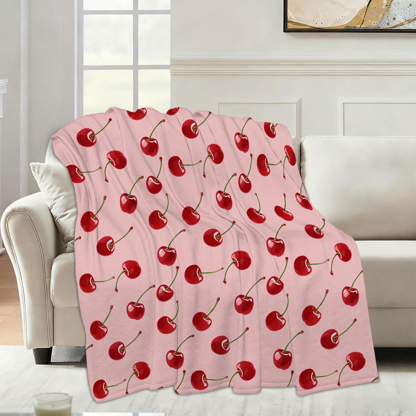 Snowmolle Sweet Cherry Fall Throw Blanket,Pink Girls Cozy Plush Fluffy Blanket for Living Room Decor,Lightweight Fleece Throws for Couch,Bed,Traveling,Naps,Reading,50 X 60 Inch