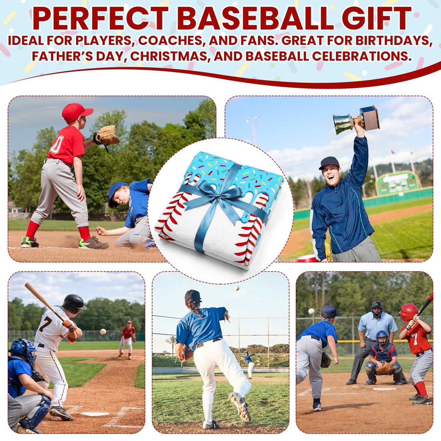 Tigeen 1 Pcs 60" Round Ice Cream Baseball Blanket for Teens Boys Girls Adults Soft Flannel Baseball Ice Cream Drip Stuff Throw for Couch Bed Dorm Room Decor Player Team Senior Night Gifts (Blue)