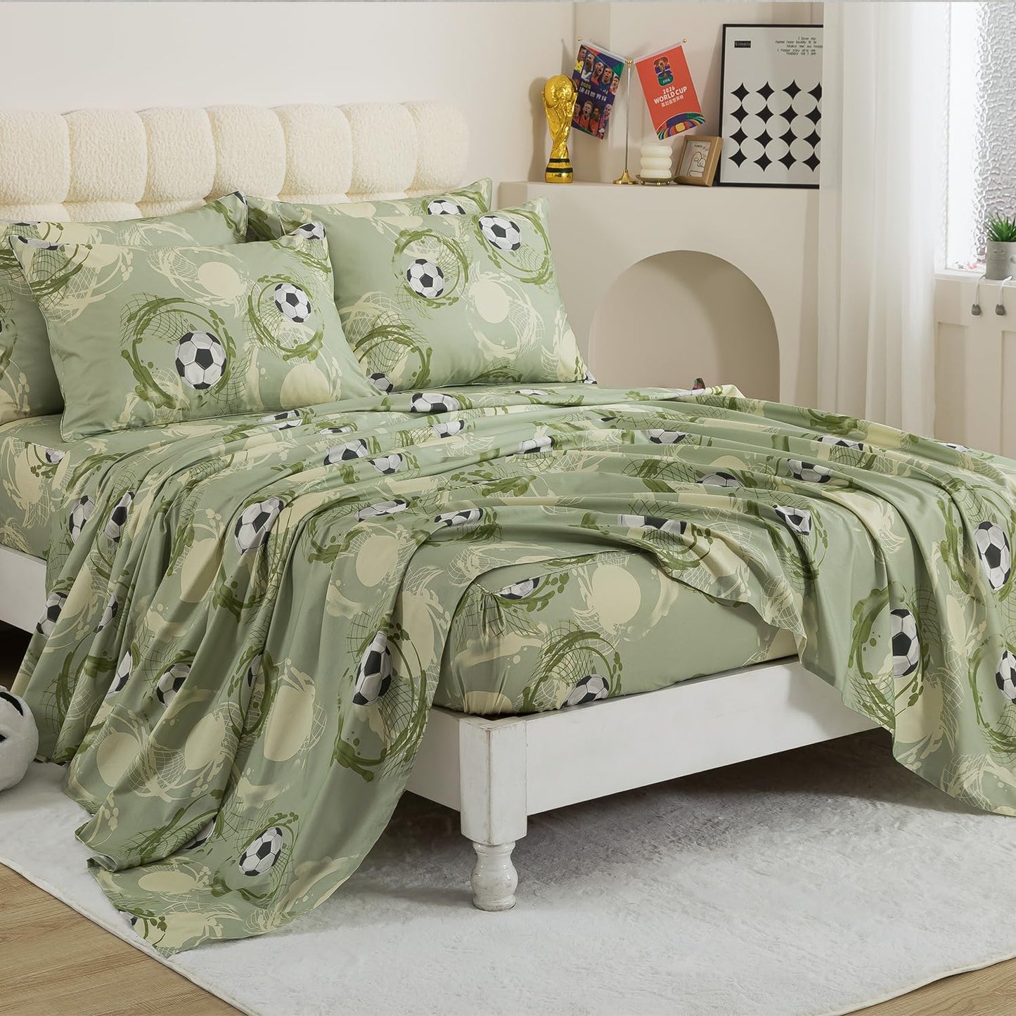 FADFAY Premium 100% Cotton Soccer Sheet Set King – Ultra Soft Breathable Sage Green Sports Bedding, Modern Athletic Soccer Ball Bed Sheets, Deep Pocket 4 Piece Set