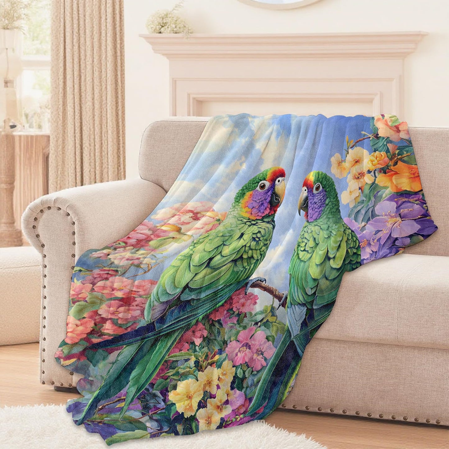 Lugiu Tropical Parrot Blanket, Lightweight Comfy Green Parrots in Lush Flowers Blankets for Couch Sofa Bedroom, Soft Plush Travel Flannel Throw Blanket Gifts for Adults Kids Women, Home Decor 60×50in
