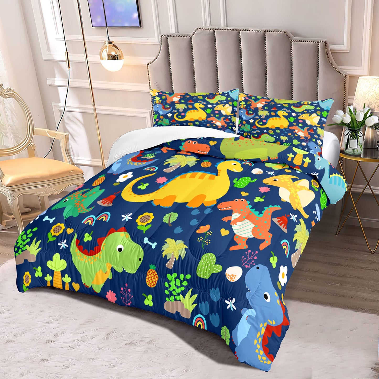 Dinosaur Bedding Set for Boys' Room - Blue Dinosaur Comforter, 1 Full Comforter with 2 Pillowcases