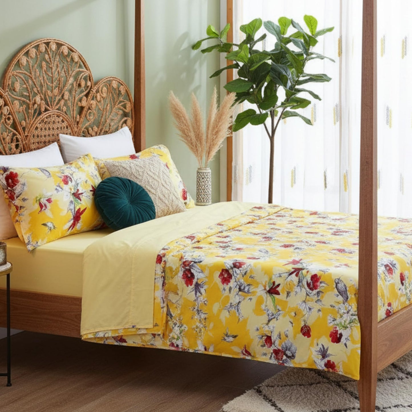 DaDa Bedding Lovely Yellow Floral Fitted and Flat Bed Sheets - Radiant Sunshine Hummingbirds Multi-Colorful Red Flowers - Bright Vibrant w/Pillow Cases Set - Full Size - 4-Pieces