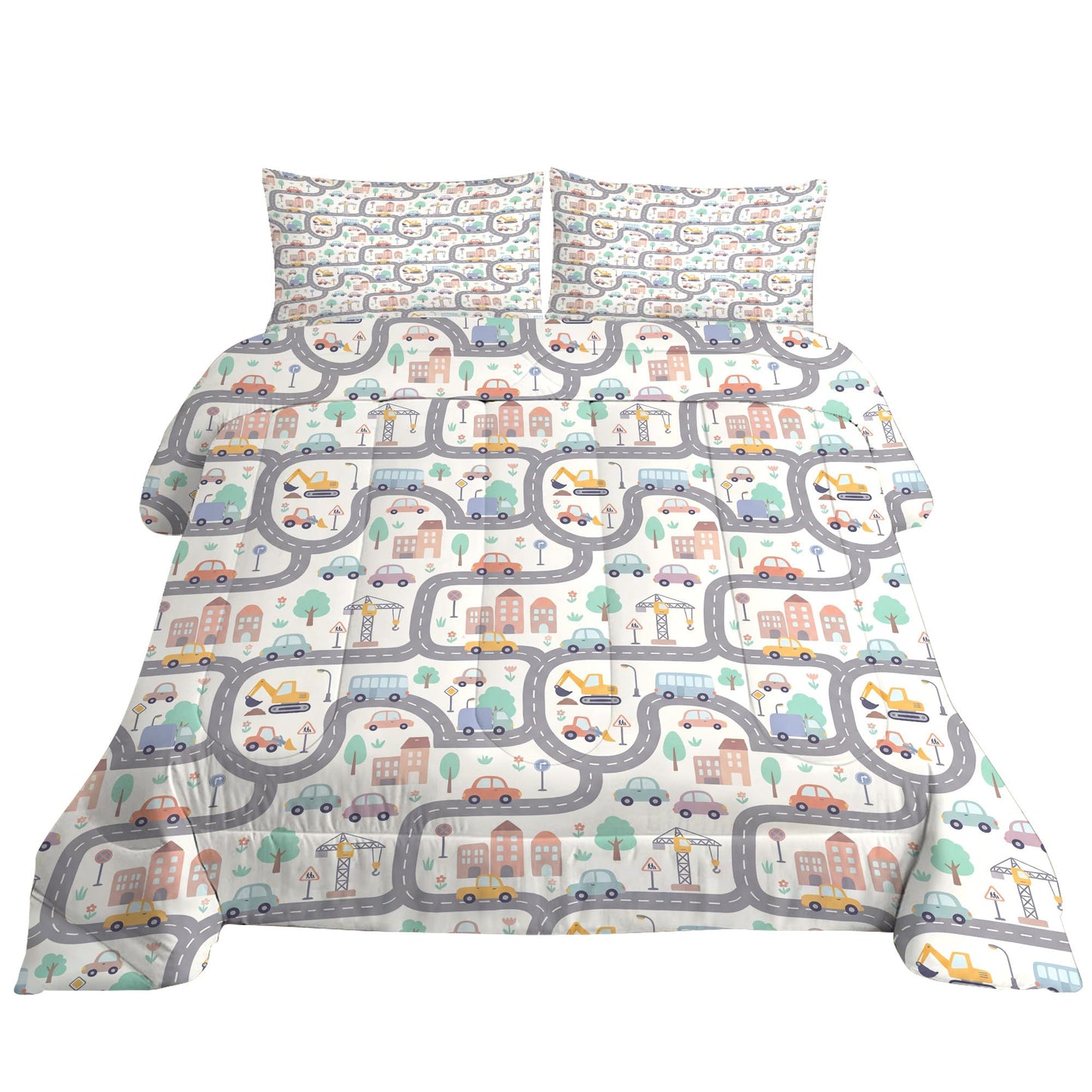 VTKON Construction Truck Comforter Set for Kids Full 3Pcs with 1 Comforter and 2 Pillowcases Cute Traffic Car Bedding Boys Vehicle Themed Bed Set Microfiber for All Season