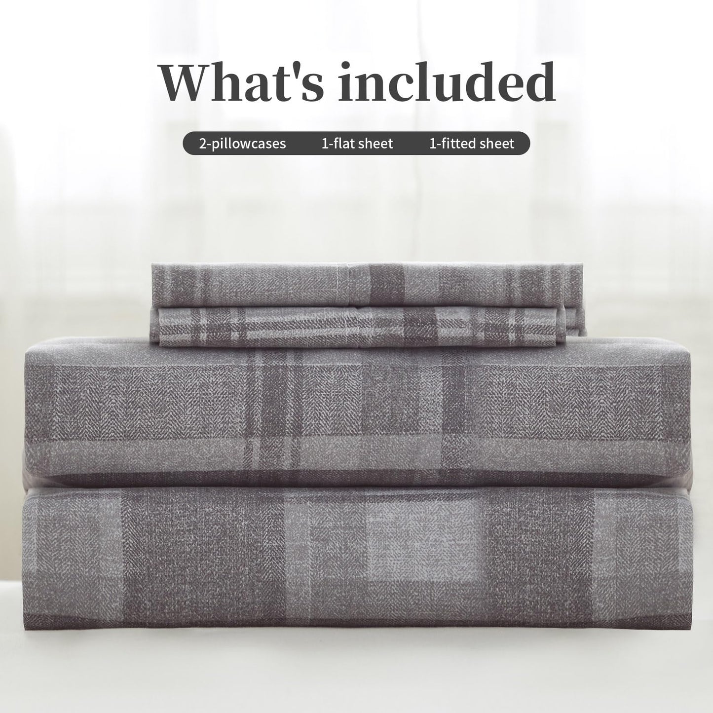 King Sheets Set 4PC - Soft Cooling 1800 Thread Count Microfiber Printed Sheet, 8 - 17" Deep Pocket Breathes Better, Hypoallergenic, Wrinkle Free, Machine Washable Grey Plaid Patterned Double Bedding