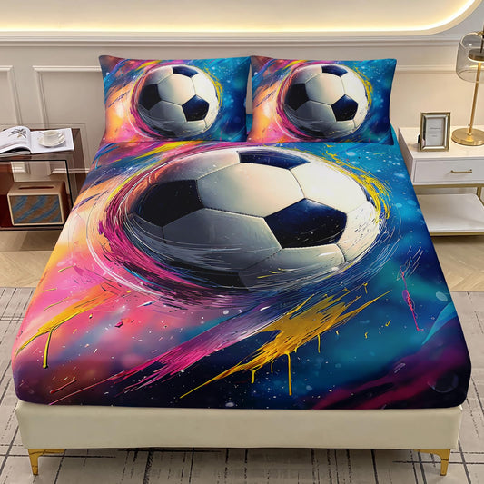 AILONEN Soccer Fitted Sheet Set Twin Size,Sport Themed Colorful Bedding Set for Boys Girls,3D Football Printed Ball Gaming Deep Pocket Sheets with 2 Pillowcases,3-Piece