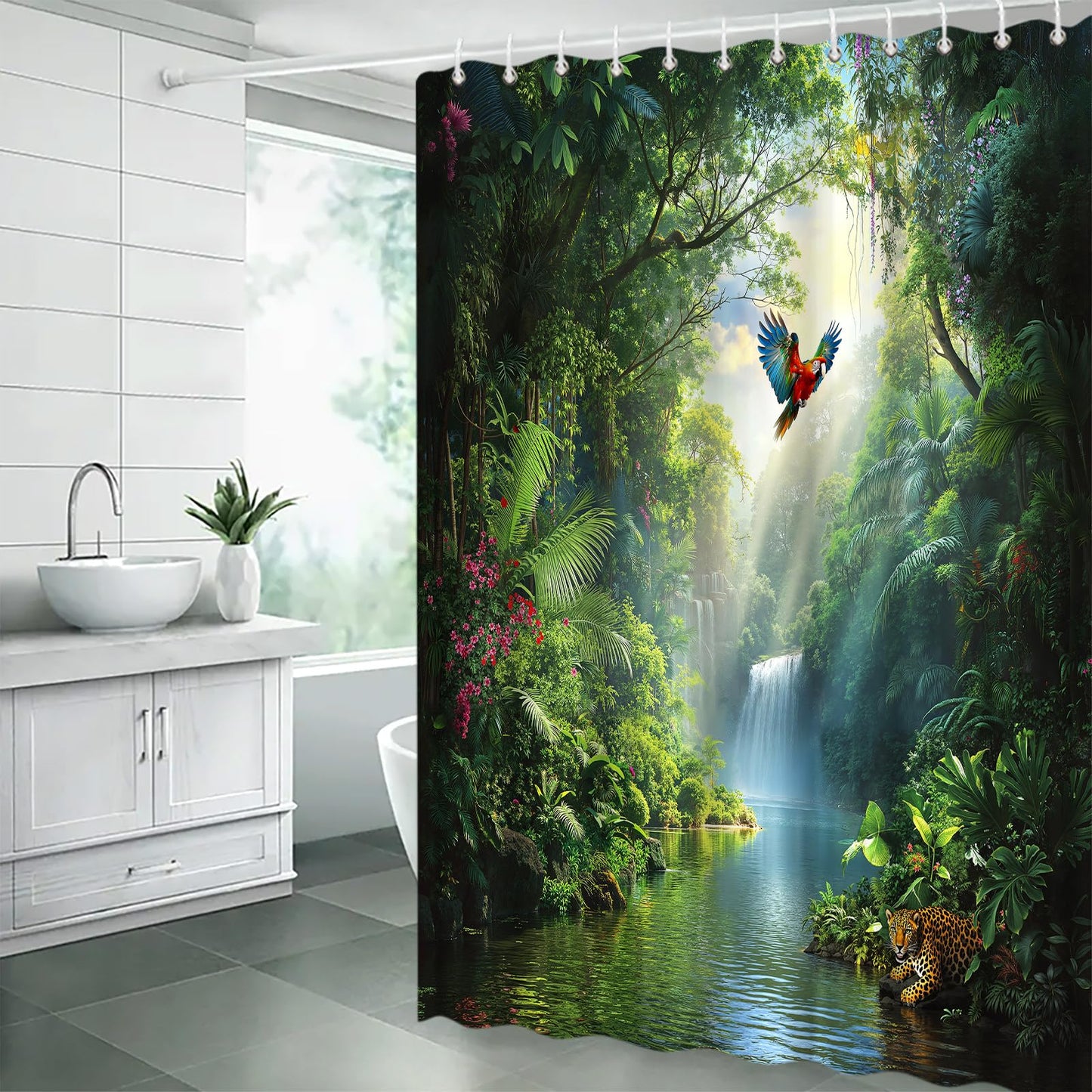 Rainforest Waterfall Shower Curtain Green Nature Forest Waterfall Wild Animal Leopard Parrot Tropical Plant Jungle Scenery Bathroom Fabric Curtain with Hooks,70x70 Inches