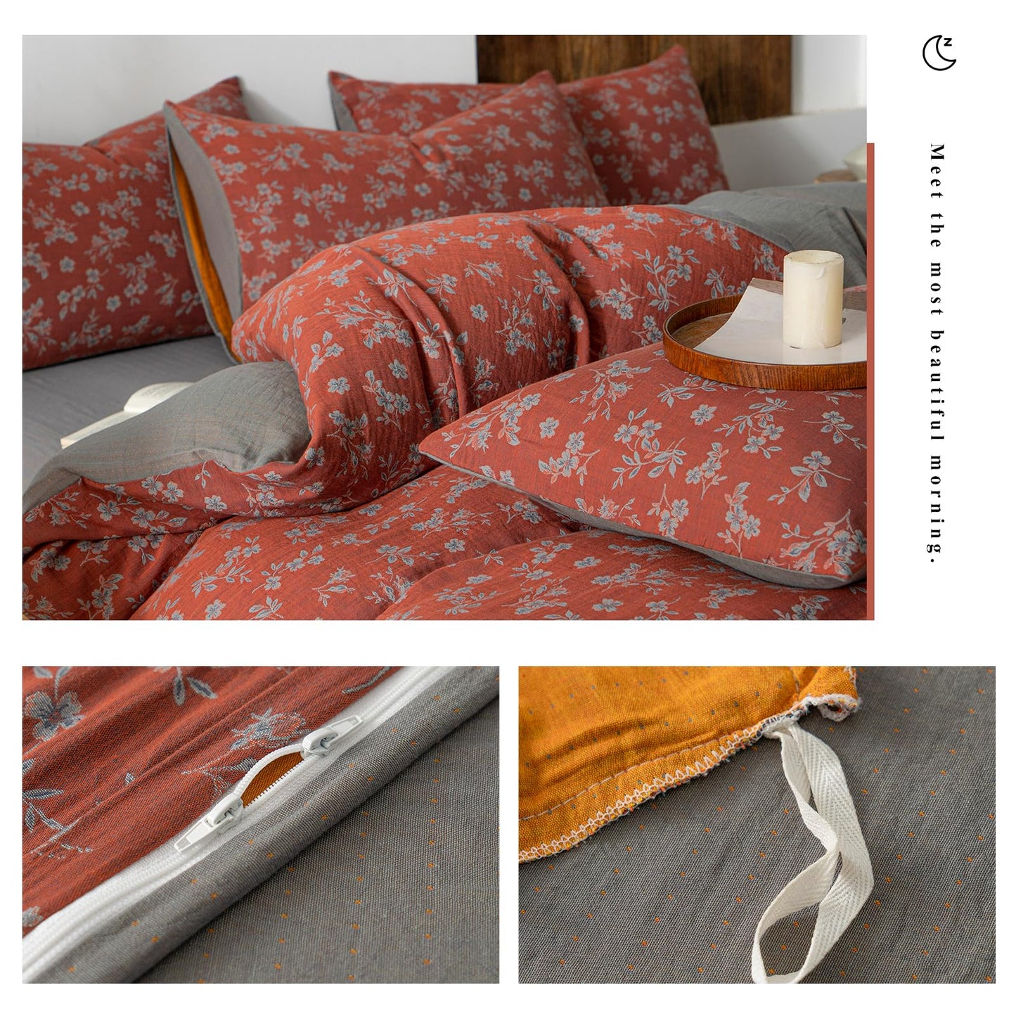 VM VOUGEMARKET Linen Cotton Duvet Cover Set Queen Size,Rust Red Floral Print, Double Layer Gauze, Soft Breathable Bedding Set with Zipper Closure, 3 Pieces (1 Duvet Cover + 2 Pillow Shams)