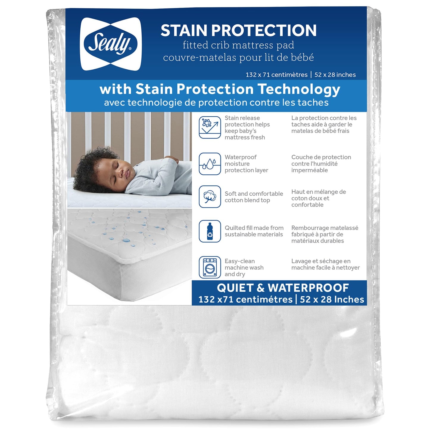Sealy Baby Crib Mattress Protector - Stain Protection Waterproof Pad, Noiseless Fitted Sheet Cover with Quilted Cotton-Blend Top for Comfort – Machine Washable and Easy Clean, 52x28
