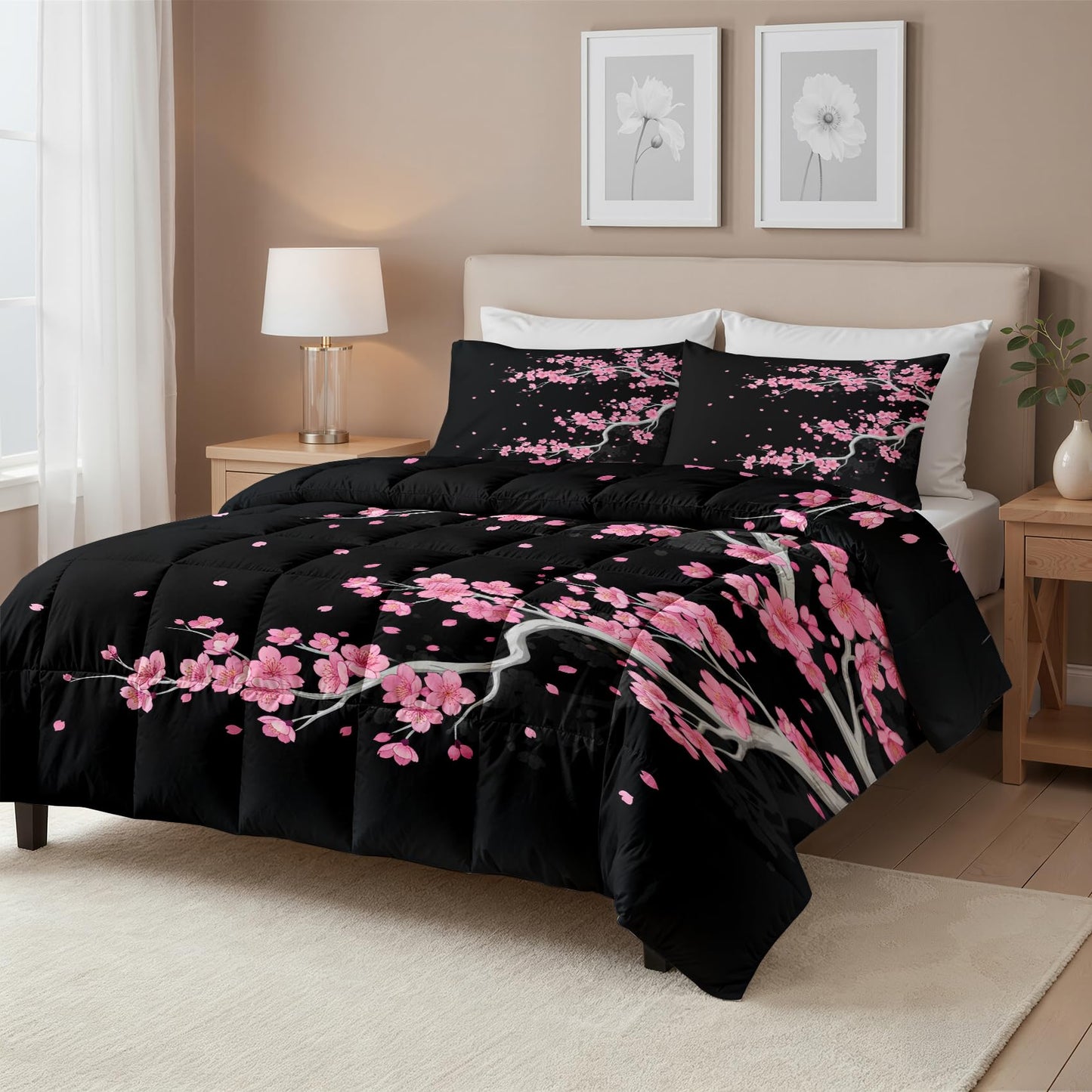 Japanese Cherry Blossom Comforter Set Twin Size 2 Pcs - All Season Comforter & Pillowcase, Asian Bedding Set, Soft Lightweight Down Alternative Duvet Insert, Pink and Black Bedroom Decor