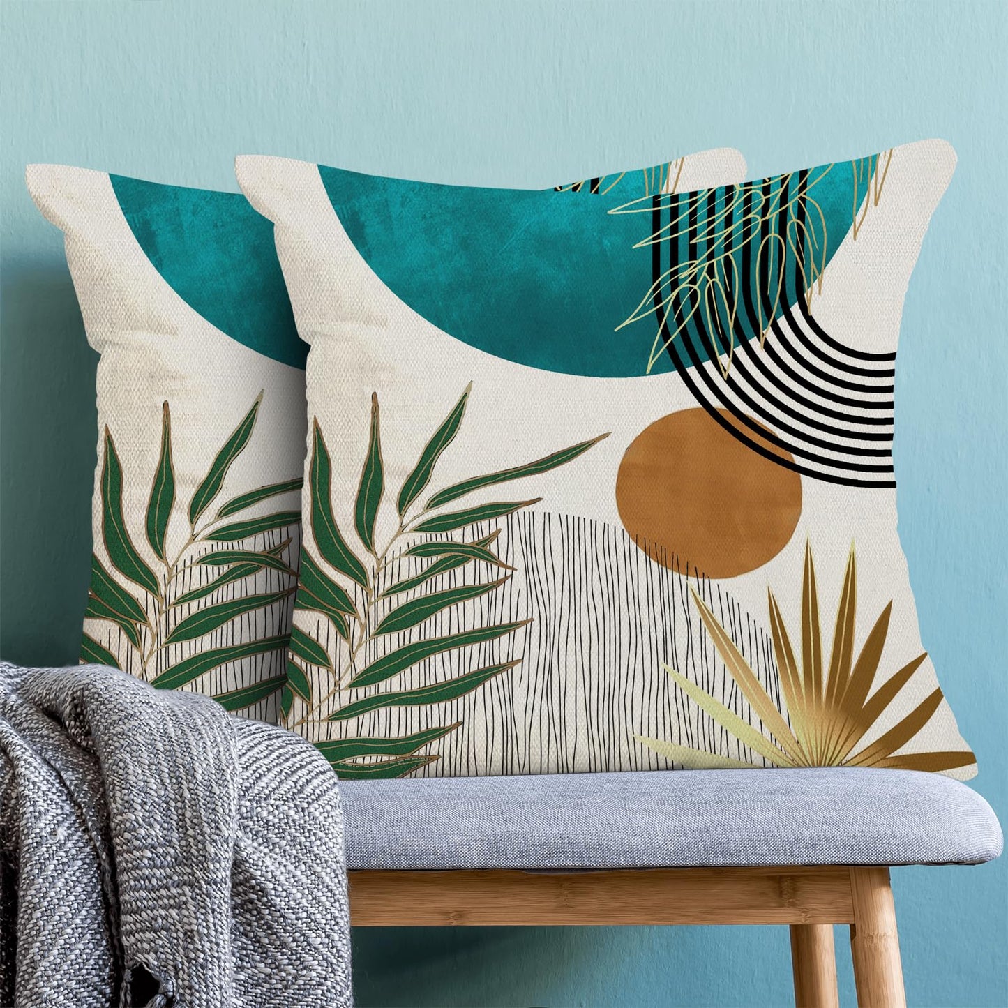 Boho Pillow Covers 20x20 Inch 2 Pcs,Aqua Teal Green Gold Tropical Leaf Summer Outdoor Decorative Throw Pillows,Mid Century Abstract Farmhouse Decor Pillowcase Linen Cushion Cover for Couch Sofa