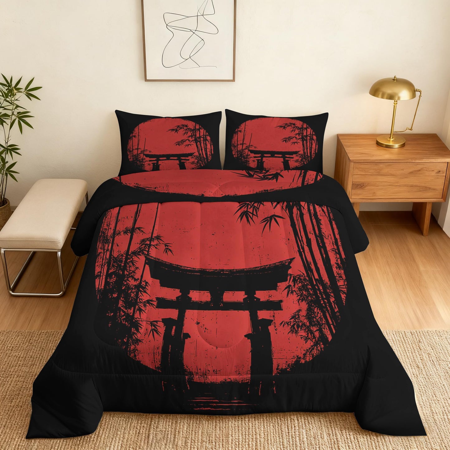 TANCAPRIUM Japanese Torii Comforter Set Queen - Red Sun Bedding Set & 2 Pilow Cases for All Season - Soft Reversible Down Alternative 3 Piece. Asian Bedrom Decor