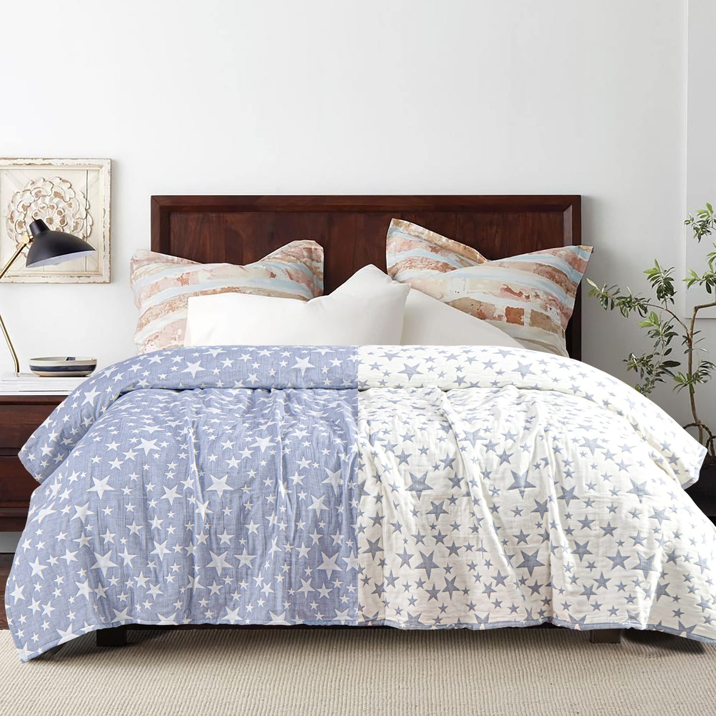 NTBAY 3 Layers Cotton Muslin 106x92 King Bed Blanket, Super Soft Breathable Thermal Yarn Dyed Quilt for Adults, Perfect Lightweight Blanket for Couch Sofa Bed All Seasons, Blue Stars