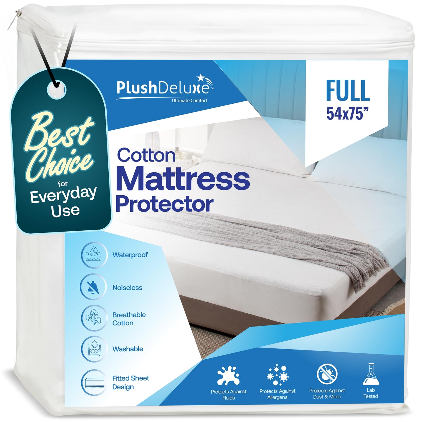 PlushDeluxe Full Mattress Protector, Breathable Soft Terry Cotton Fitted Sheet Bed Cover with Deep Stretchable Pockets, 100% Waterproof, Noiseless, Hypoallergenic, Dust Mite Proof, 54"x75"x15"