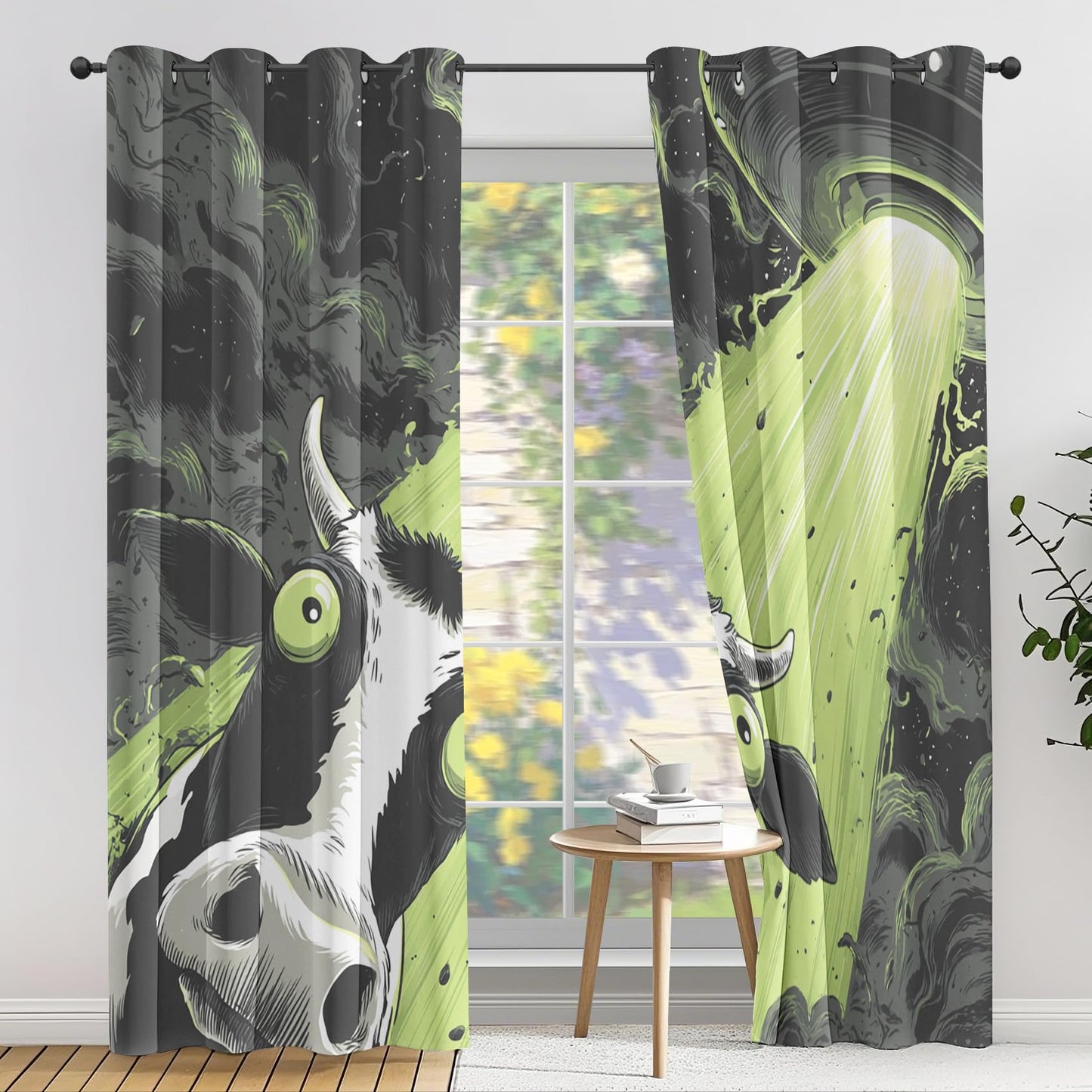 Funny Cow UFO Blackout Curtains, Farm Animal Drapes 63 Inch