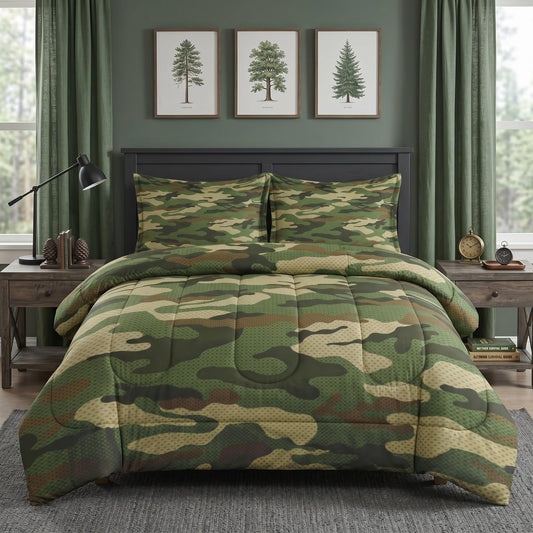 Pamnest Comforter Set Queen Size, Military Camouflage Soft 3 Pcs Bedding for Kids and Adults, Army Green Camo Comforter Set with 2 Pillowcases for Bedroom Bed Decor