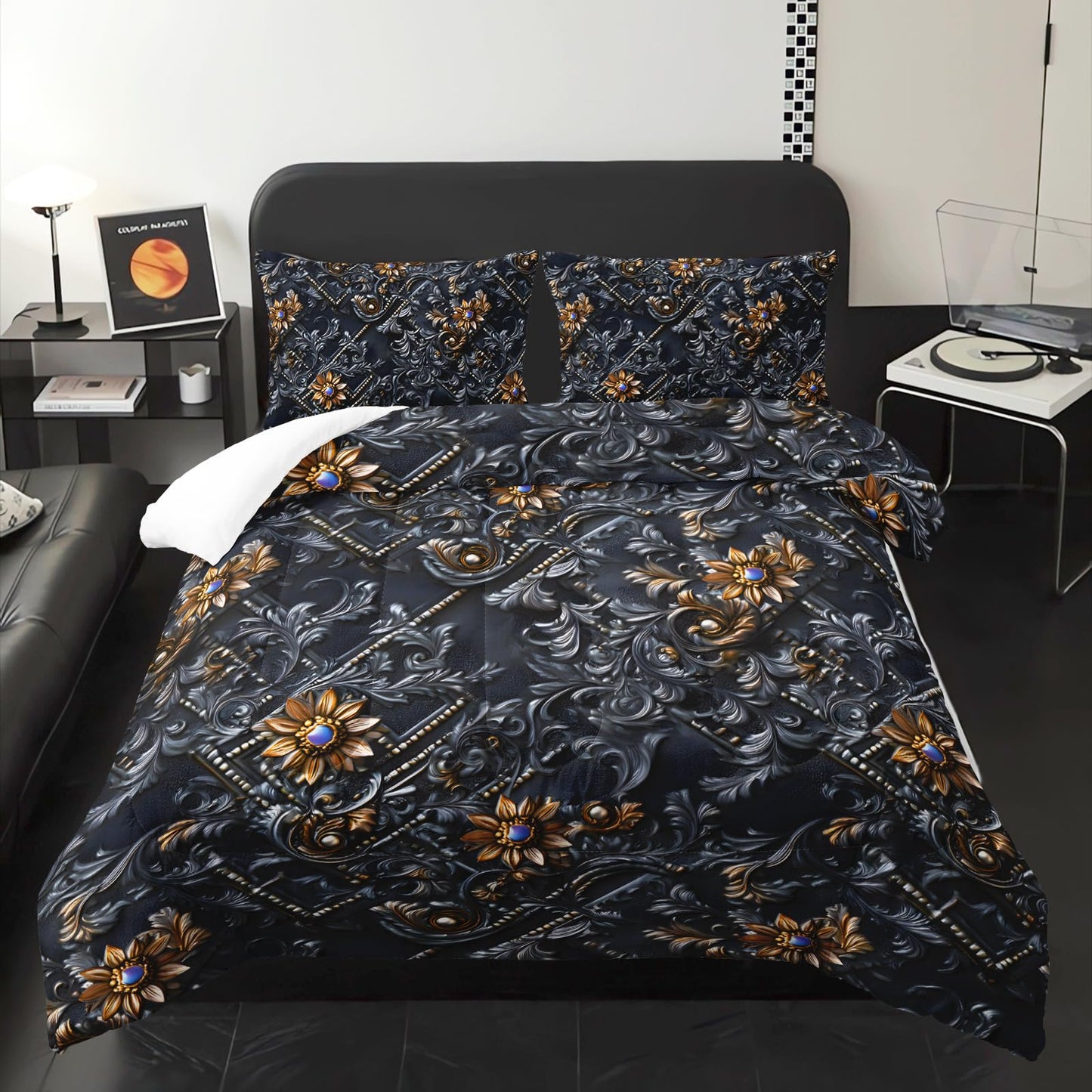 lneffble Black and Gold Floral Comforter Queen Set，Victorian Gothic Bedding Set Queen，with 1 Comforter with 2 Pillow Case，Floral Bedroom Decor Black
