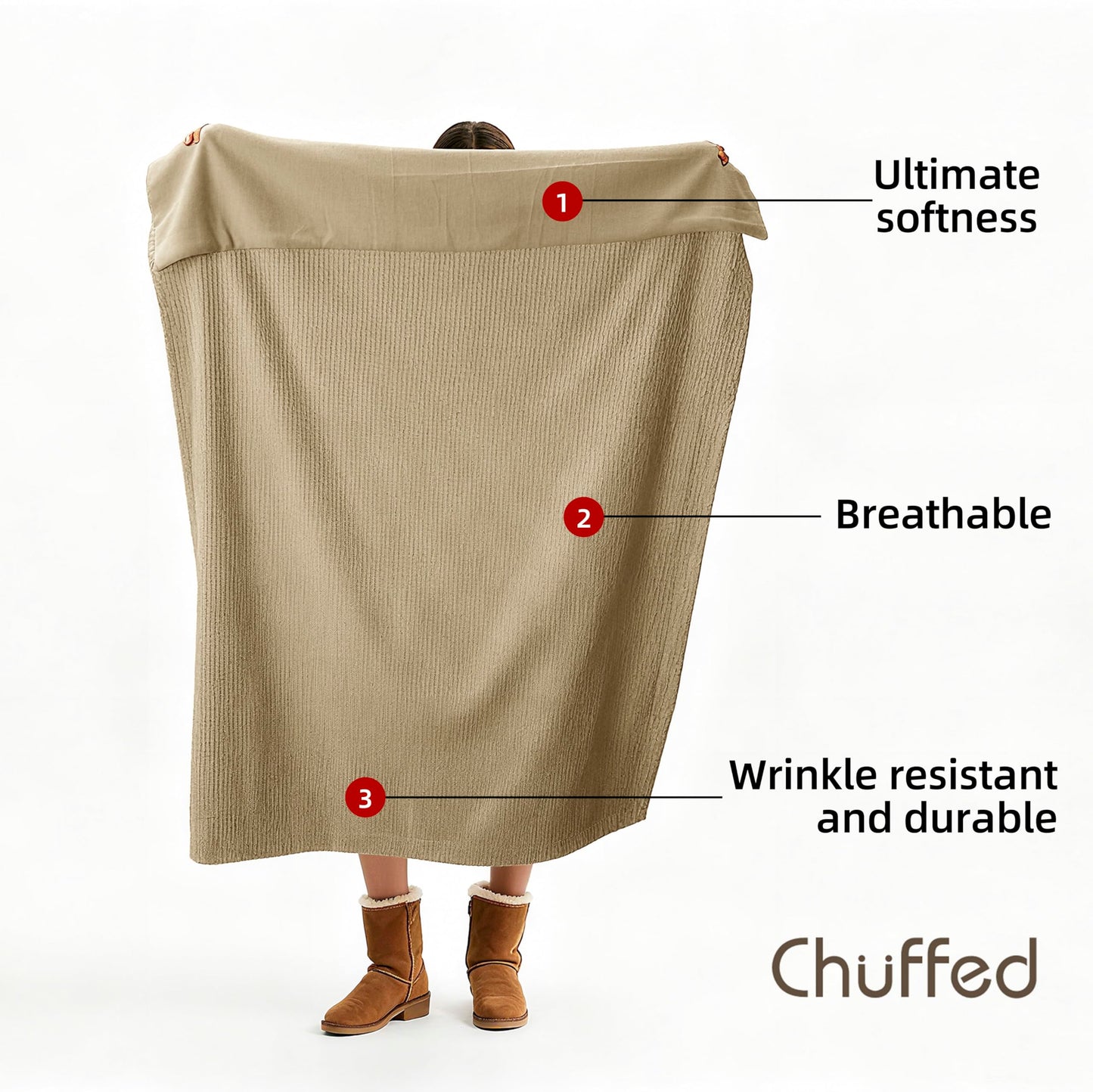 CHUFFED Cotton Waffle Blanket Throw Size - Plush Milk Velvet & Reversible Waffle Weave,Anti-Static 500Gsm Design，Thick Cozy Soft Winter Blanket for Bed, Couch, Sofa - Khaki, 50x70 Inches