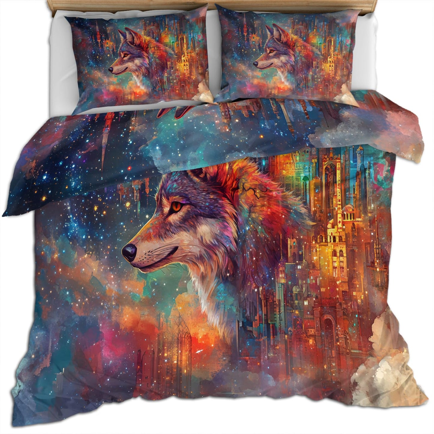 PAISUOQ Wolf Print Bedding, City Wolf Duvet Cover Full, Fantasy Animals Comforter Cover with Zipper Ties, 3 Pieces with 2 Pillowcases, Home Decor & Gifts