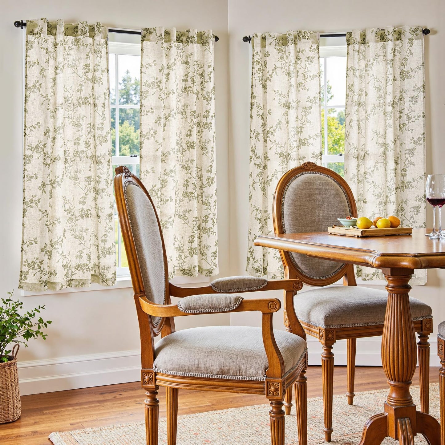 jinchan Linen Floral Curtains 63 Inch Farmhouse Country Flower Drapes Rustic Window Curtains Light Filtering for Living Room Bedroom Laundry Back Tab 2 Panels Green on Beige