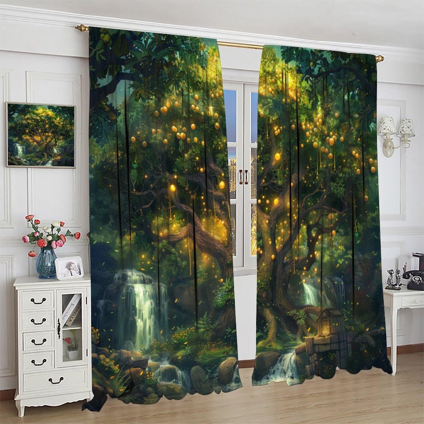 TOWINSFB Beautiful Tree Blackout Curtains, Golden Fruit Waterfall Rural Landscape Home Decor Rod Pocket Window Drapes for Living Room Bedroom- 2 Panels, Each 45" L x 21" W