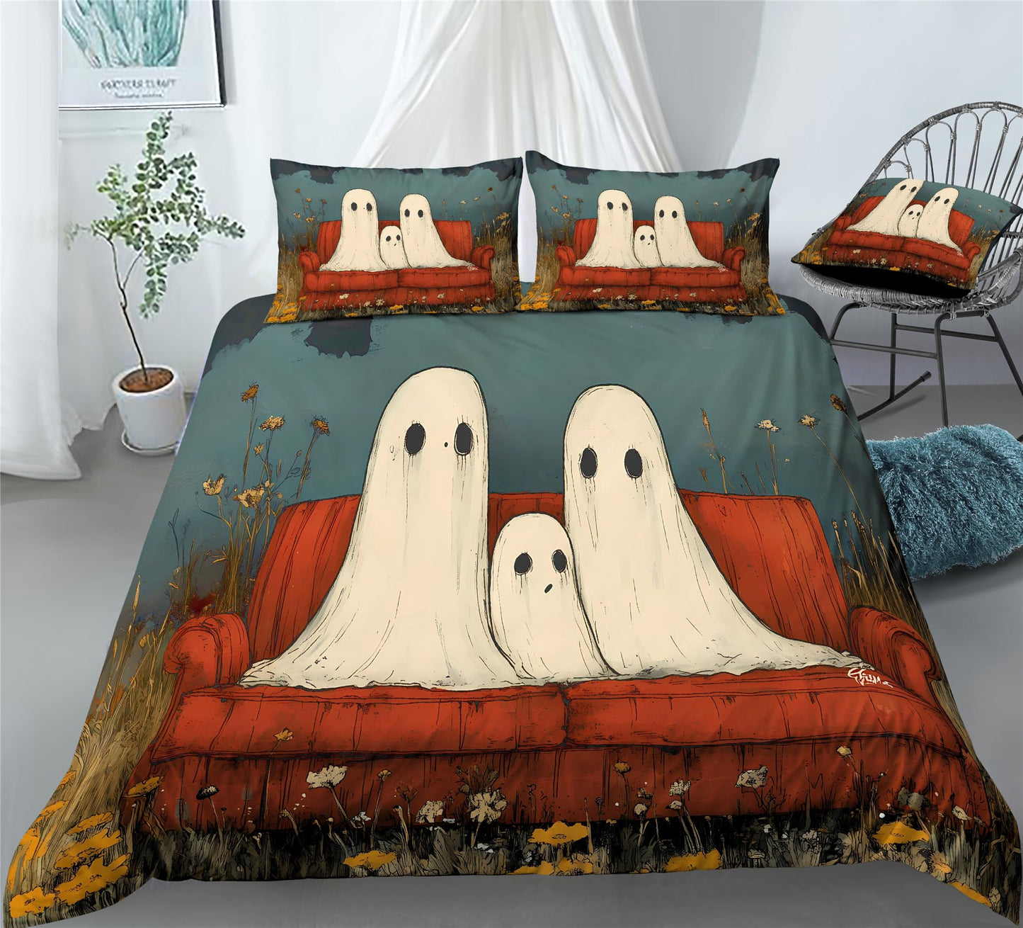 REALIN Fantasy Cute Ghost Bedding Halloween Inspired Spookling Duvet Cover Set Girl Boy Kids Bed Sets 3/4PCS Quilt Covers/Sheets/Pillow Shams,Twin/Full/Queen/King (C,Twin-172x218cm-3PCS)
