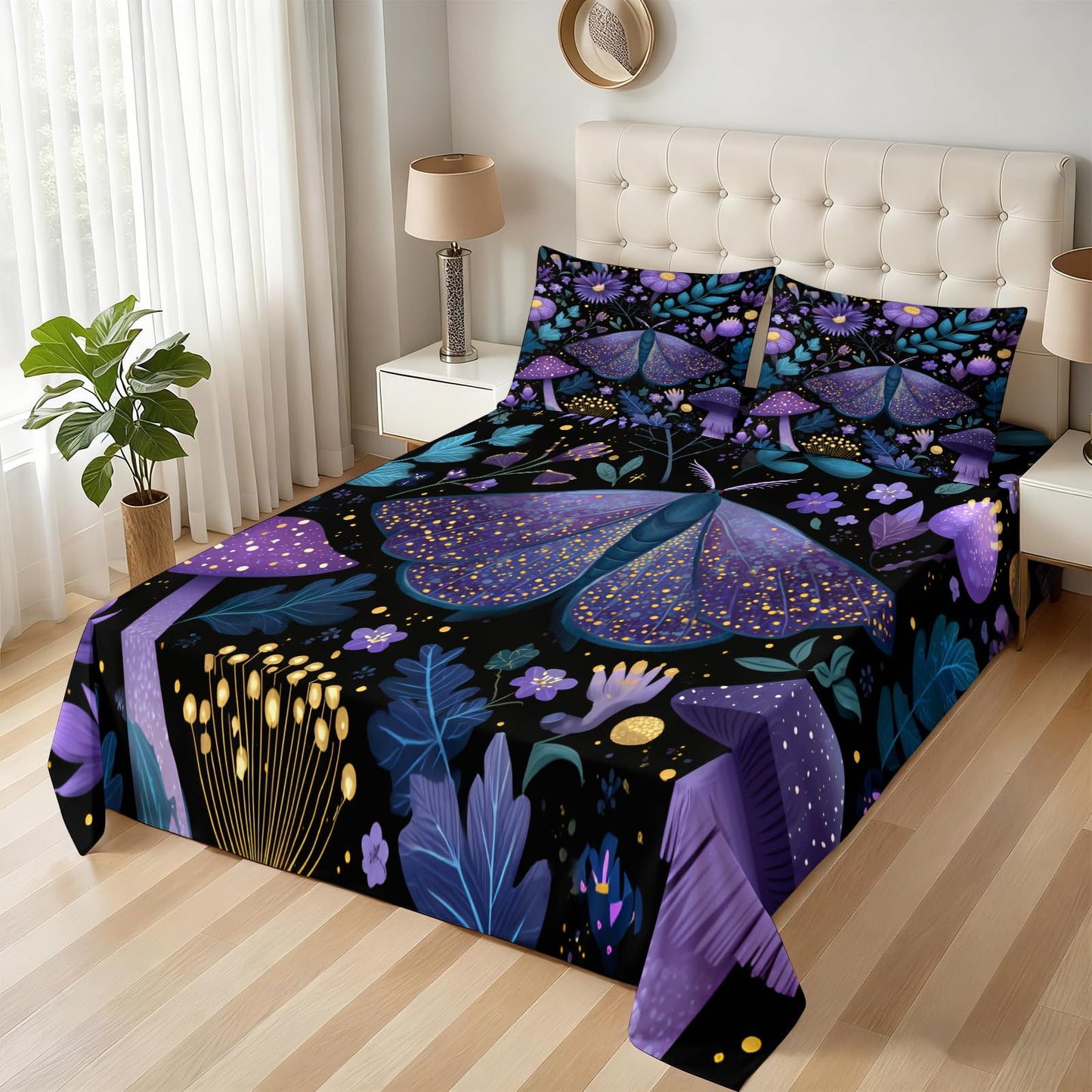 Purple Night Moth Sheet Set King for Women Girls Room, Kids Glowing Mushroom Enchanted Forest Bed Sheets Sets Exotic Floral Bedding Sheets Set Room Decor 4Pcs(Fitted & Flat Sheet+2 Pillowcases)