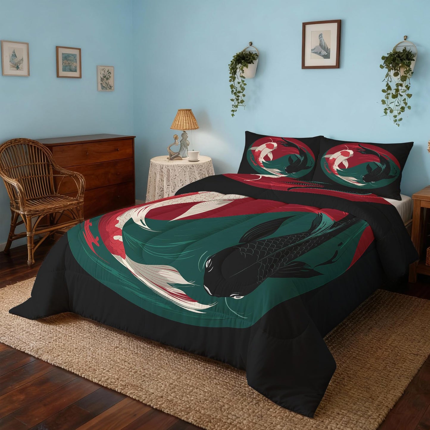 TANCAPRIUM Japanese Koi Fish Comforter Set Queen - Yin Yang Bedding Set & 2 Pilow Cases for All Season - Soft Reversible Down Alternative 3 Piece. Koi Fish Bedrom Decor