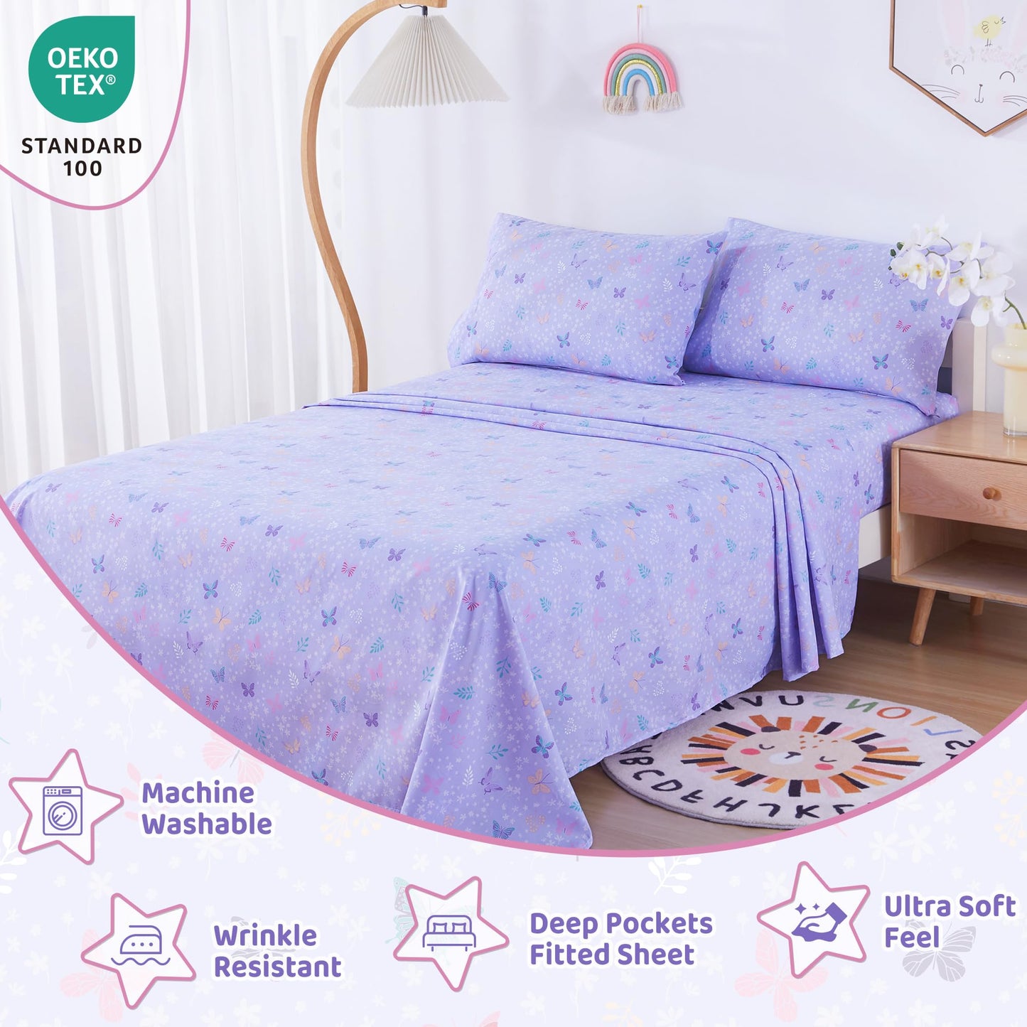 Viviland 3 Pieces Girls Light Purple Twin Sheet Set - Soft Microfiber Fitted Flat Sheets & Pillowcase - Butterfly Floral Printed Bedding Sets - for Kids & Toddlers
