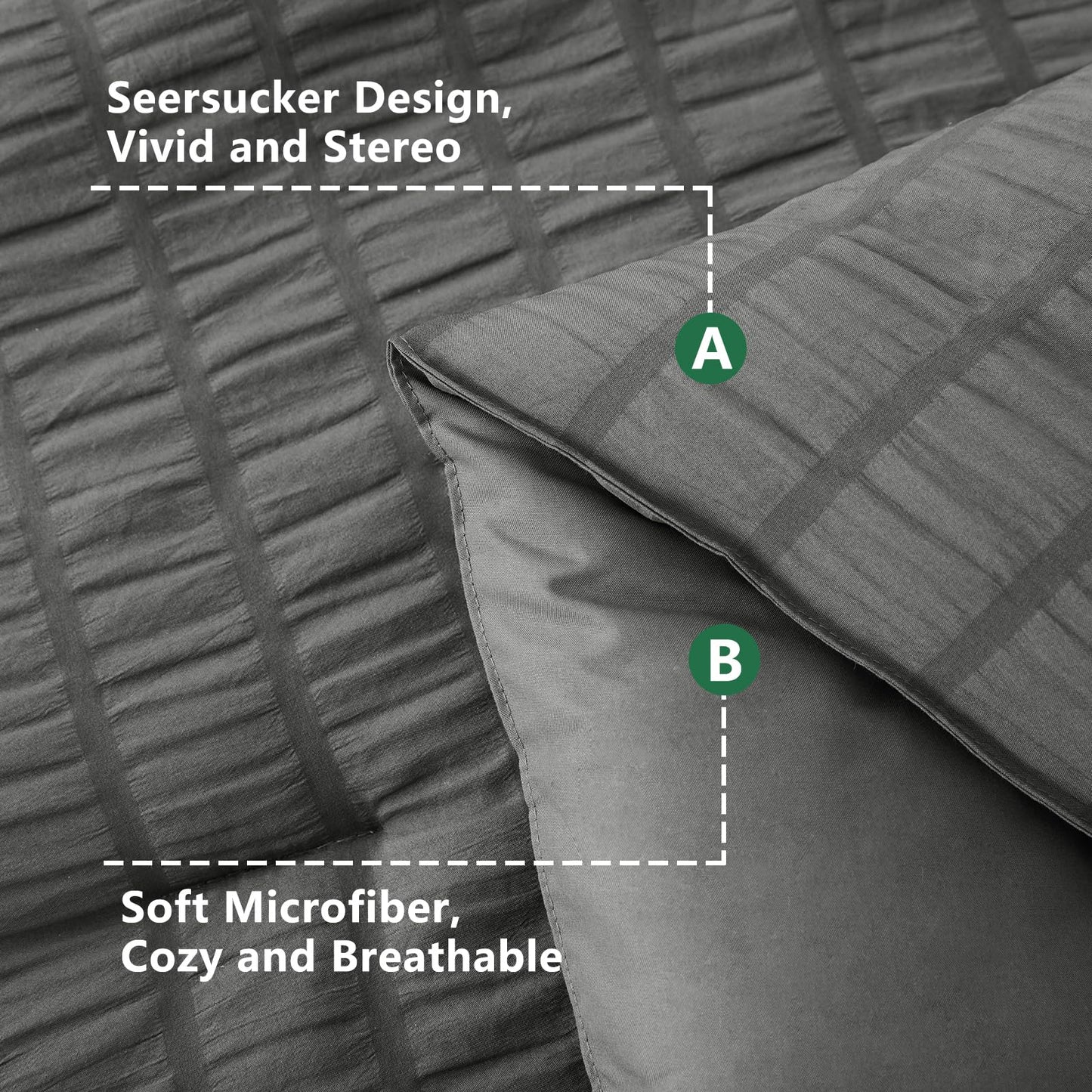 HIMEET Queen Comforter Set - 7 Pieces Seersucker Bed in a Bag, Boho Bedding Sets for Bedroom Decor, All Season Home Essential Bed Set with Comforter, Sheets, Pillowcases & Shams, Dark Grey