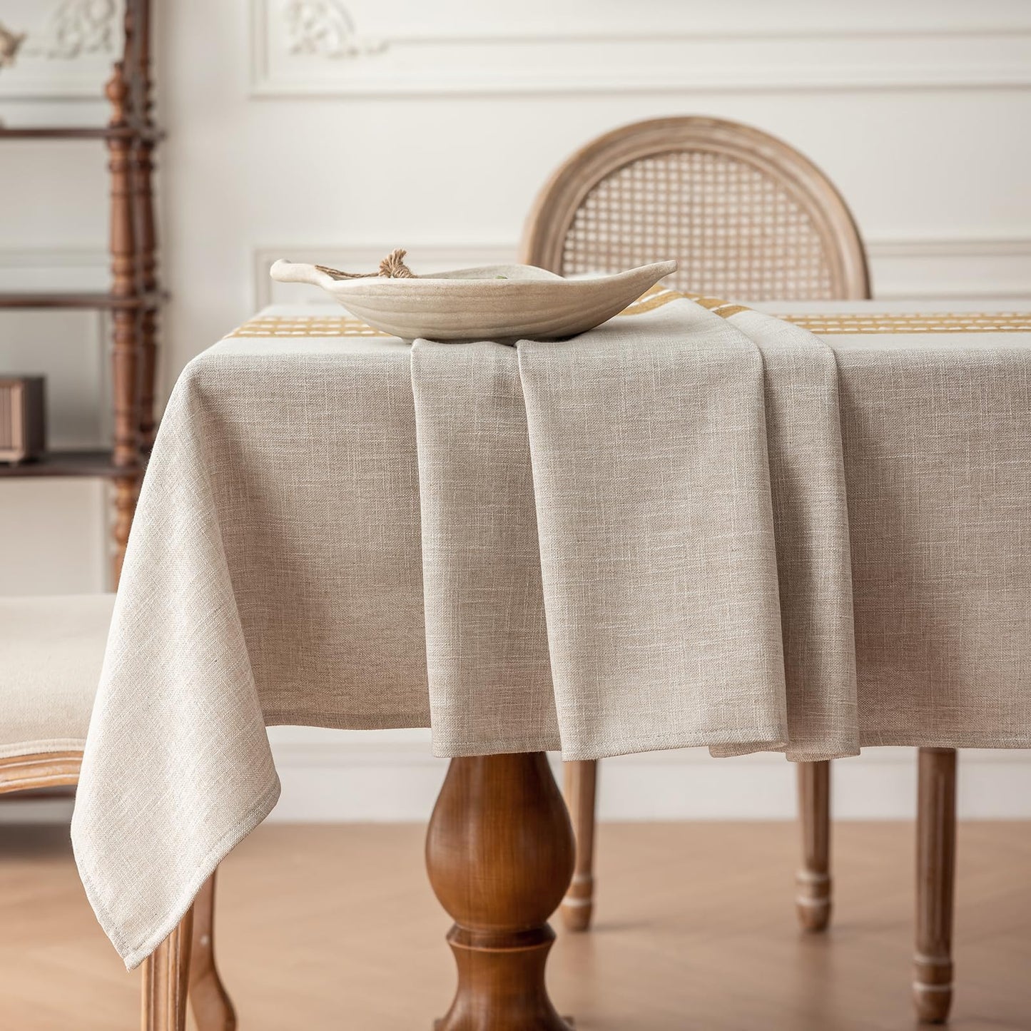 Joyfol Day Rustic Waterproof Cotton Blend Tablecloth, Heavy Weight Embroidery Table Cover for Rectangle Tables, Burlap Farmhouse Style with Coffee Line Pattern, 55" x 120"
